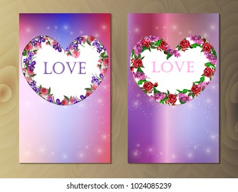 Valentines day heart with iris and rose flower on colorful background. Vector illustration. Wallpaper, flyers, invitation, posters