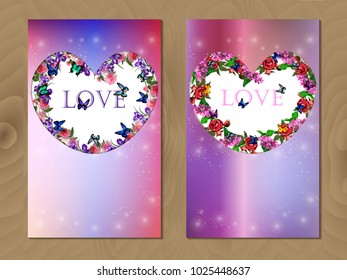 Valentines day heart with iris and rose flower on colorful background. Vector illustration. Wallpaper, flyers, invitation, posters