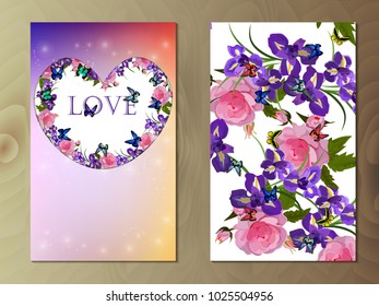 Valentines day heart with iris and rose flower on colorful background. Vector illustration. Wallpaper, flyers, invitation, posters