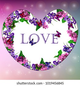 Valentines day heart with iris and syringa flower on colorful background. Vector illustration. Wallpaper, flyers, invitation, posters