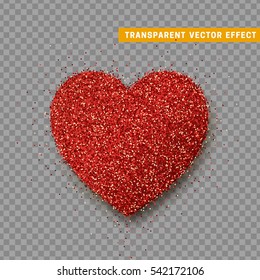 Valentines Day heart isolated, transparent vector effect background. Festive decorations bright glitter placer. Holiday love decor illustration. Beautiful design element