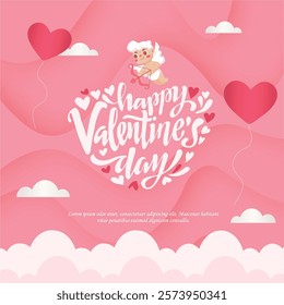 Valentine's Day Heart Lettering Design with Flying Cupid Vector Illustration. Cute Valentine Greeting with Cupid and 3D Background. Best for Sweet Moments Celebration.  