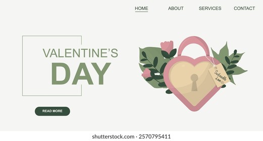 Valentine's Day Heart Lock Banner with Floral Design. Eco-friendly concept. Love and valentines day concept. Flat style. Sustainable lifestyle. Green valentine banner. Vector illustration