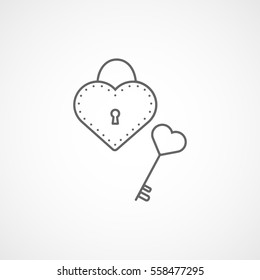Valentines Day Heart Lock And Key Line Icon On White Background