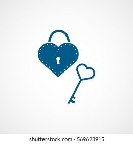 Valentines Day Heart Lock And Key Blue Flat Icon On White Background