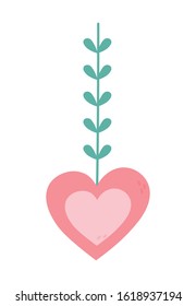 valentines day, heart love with branch leaves decoration vector illustration