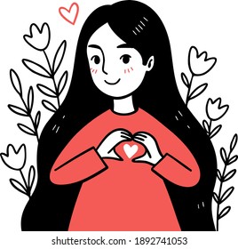 El corazón de San Valentín. Ama tu concepto. Ilustración dibujada a mano en estilo doodle. Muchacha linda haciendo una señal de amor con sus manos. 