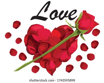 Valentines Day Heart Made of Red Roses vector Isolated on White Background.