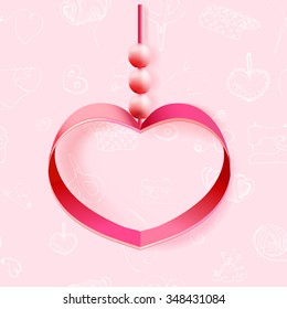 valentines day. heart on the ribbon with beads with seamless pattern on background