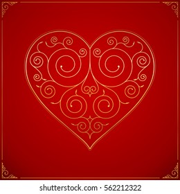 Valentine's Day heart. Ornate line art vintage golden love or wedding symbol, logo, sign with floral elements. Vector illustration