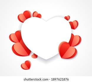 Valentines Day heart paper background with cut red paper hearts. Origami shape heart isolated on white background for wedding, valentine's, mother's or woman's day. Vector illustration