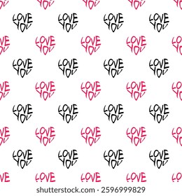 Valentine's Day Heart Pattern with Pink Hearts and Black Hearts. Pattern for Valentine's Day. The pattern of the word love. Stylish graphic seamless pattern with hearts and word love.
