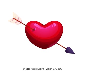 Valentines day heart pierced by an arrow, symbolizing love, affection and romance. Cartoon vector red glossy romantic decorative heart pierced by cupid arrow, featuring feathered tail and sharp tip