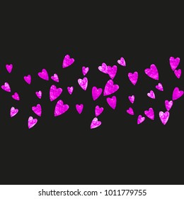 Valentines day heart with pink glitter sparkles. February 14th day. Vector confetti for valentines day heart template. Grunge hand drawn texture. Love theme for poster, gift certificate, banner.