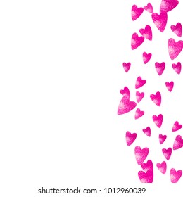 Valentines day heart with pink glitter sparkles. February 14th day. Vector confetti for valentines day heart template. Grunge hand drawn texture. Love theme for poster, gift certificate, banner.