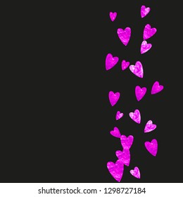 Valentines day heart with pink glitter sparkles. February 14th day. Vector confetti for valentines day heart template. Grunge hand drawn texture. Love theme for flyer, special business offer, promo.