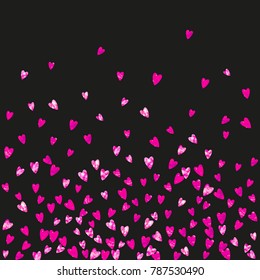 Valentines day heart with pink glitter sparkles. February 14th day. Vector confetti for valentines day heart template. Grunge hand drawn texture. Love theme for gift coupons, vouchers, ads, events.