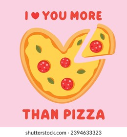 Valentine's Day heart pizza cartoon card. Vector illustration.