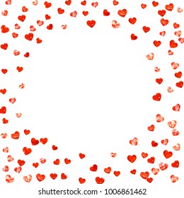 Valentines day heart with red glitter sparkles. February 14th day. Vector confetti for valentines day heart template. Grunge hand drawn texture. Love theme for flyer, special business offer, promo.