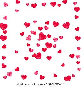 Valentines day heart with red glitter sparkles. February 14th day. Vector confetti for valentines day heart template. Grunge hand drawn texture. Love theme for gift coupons, vouchers, ads, events.