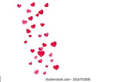 Valentines day heart with red glitter sparkles. February 14th day. Vector confetti for valentines day heart template. Grunge hand drawn texture. Love theme for gift coupons, vouchers, ads, events.