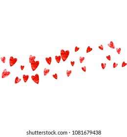 Valentines day heart with red glitter sparkles. February 14th day. Vector confetti for valentines day heart template. Grunge hand drawn texture. Love theme for poster, gift certificate, banner.