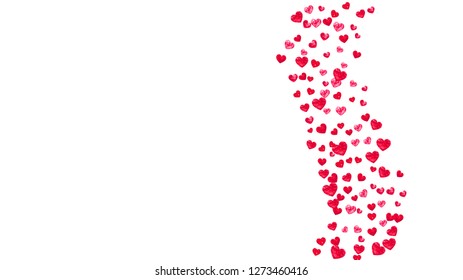 Valentines day heart with red glitter sparkles. February 14th day. Vector confetti for valentines day heart template. Grunge hand drawn texture. Love theme for gift coupons, vouchers, ads, events.