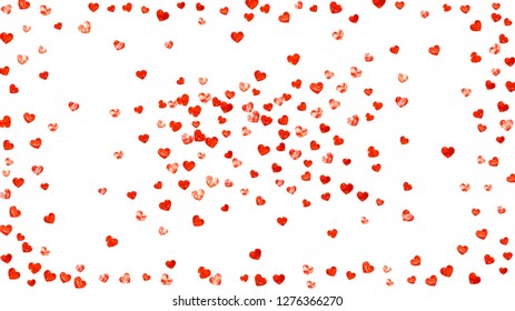 Valentines day heart with red glitter sparkles. February 14th day. Vector confetti for valentines day heart template. Grunge hand drawn texture. Love theme for flyer, special business offer, promo.