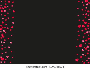 Valentines day heart with red glitter sparkles. February 14th day. Vector confetti for valentines day heart template. Grunge hand drawn texture. Love theme for flyer, special business offer, promo.