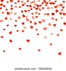 Valentines day heart with red glitter sparkles. February 14th day. Vector confetti for valentines day heart template. Grunge hand drawn texture. Love theme for flyer, special business offer, promo.