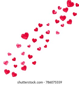 Valentines day heart with red glitter sparkles. February 14th day. Vector confetti for valentines day heart template. Grunge hand drawn texture. Love theme for special business offer, banner, flyer.