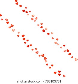 Valentines day heart with red glitter sparkles. February 14th day. Vector confetti for valentines day heart template. Grunge hand drawn texture. Love theme for poster, gift certificate, banner.