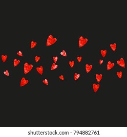 Valentines day heart with red glitter sparkles. February 14th day. Vector confetti for valentines day heart template. Grunge hand drawn texture. Love theme for poster, gift certificate, banner.