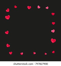 Valentines day heart with red glitter sparkles. February 14th day. Vector confetti for valentines day heart template. Grunge hand drawn texture. Love theme for voucher, special business ad, banner.