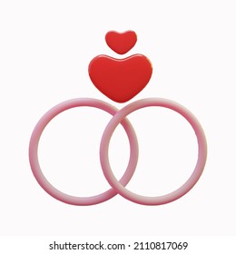 Valentine's day heart and rings gift 3d rendering. Vector illustration isolated on white background.