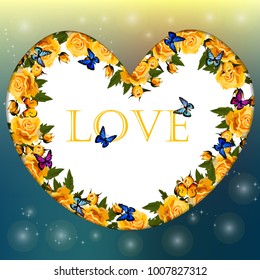 Valentines day heart with rose flower and butterflies. Vector illustration. Valentine or love message