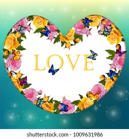 Valentines day heart with rose flower. Vector illustration. Wallpaper, flyers, invitation, posters, brochure, banners.