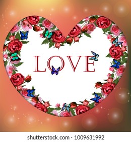 Valentines day heart with rose flower. Vector illustration. Wallpaper, flyers, invitation, posters, brochure, banners.