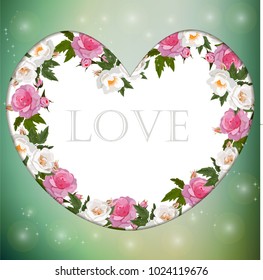 Valentines day heart with rose flower. Vector illustration. Wallpaper, flyers, invitation, posters, brochure, banners.