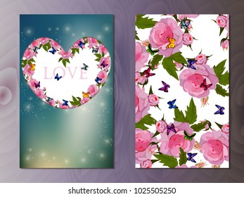 Valentines day heart with rose flower and butterflies. Vector illustration. Valentine or love message