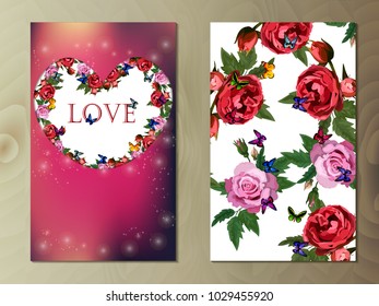 Valentines day heart with rose flower. Vector illustration. Wallpaper, flyers, invitation, posters, brochure, banners.