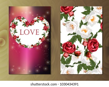 Valentines day heart with rose flower. Vector illustration. Wallpaper, flyers, invitation, posters, brochure, banners.