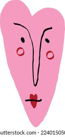 Valentines Day heart with a sad face. Freaky Bizarre comic heart. Vector illustration.