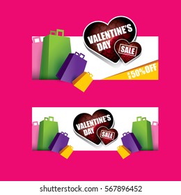 Valentines day heart sale label isolated on pink background. Vector sales poster or banner design template.