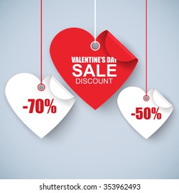 Valentines day heart sale tag, poster template. Red twisted heart, isolated on white background. Vector illustration.