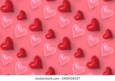  Valentines day heart seamless pattern with 3D balloon hearts on pink background. 3D vector illustration.