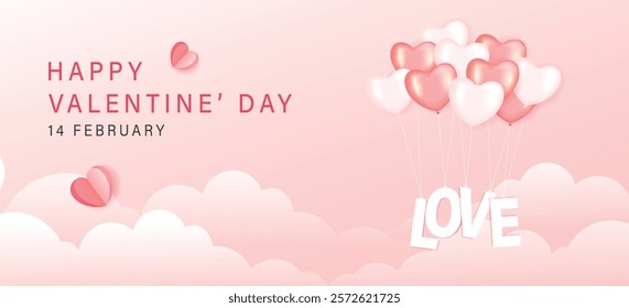 Valentines day, heart shape Balloon  with love message paper art concept design on cloud pink background, Eps 10 vector illustration