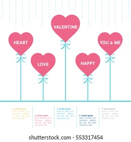 Valentine's day heart shape balloons with text. Love concept in flat style.