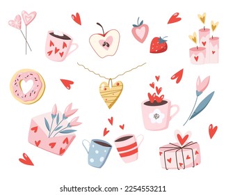 Valentine's day heart shape food and drinks vector hand drawn flat illustration collection in pink and red colors.