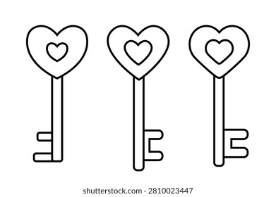 Valentine's day heart shape key outline set.
Love key Coloring pages and templates clipart.
White background.